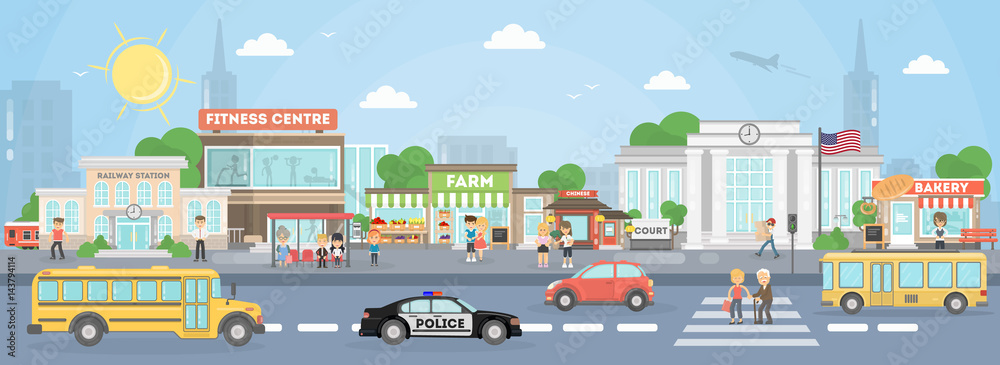City street exterior. American city with court, fitness center and school bus, police car and stores. - obrazy, fototapety, plakaty 