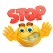 © nektoetkin - Yellow smile face emoji cartoon character with stop gesture