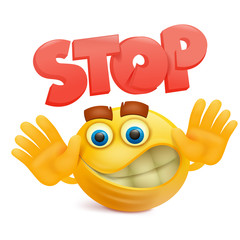 Wall Mural - Yellow smile face emoji cartoon character with stop gesture