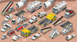 Isometric airport shuttle terminal airfield vehicle freight car van truck. 3D icon set isometric isolated white service car and luggage transfer infographic vector illustration