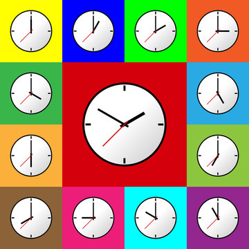 Set clock icon, Vector illustration, flat design. Easy to use and edit. EPS10. Multi color background.