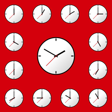 Set clock icon, Vector illustration, flat design. Easy to use and edit. EPS10. Red background.