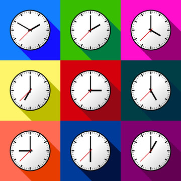 Set clock icon, Vector illustration, flat design. Easy to use and edit. EPS10. Multi color background with shadow.