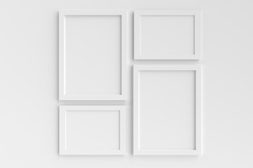 realistic group of blank white picture frame templates set on white background, 3d render