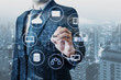 Double exposure of businessman connected devices with world digital technology internet and wireless network on touch screen and city of business background in business and technology concept
