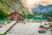 Boat Dock On Obersee Alpine Lake, Berchtesgaden, Bavaria, Germany, Europe