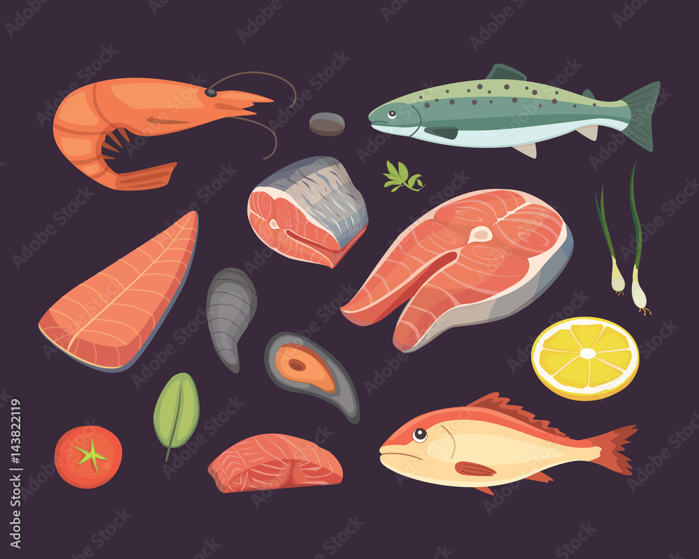 Perishable Fish Free Vector Vector Seafood illustrations set flat fresh fish Stock Vector | Adobe Stock