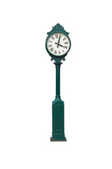 An old exterior clock isolated over white background with clipping path.