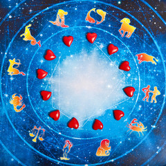 Wall Mural - red hearts lying on a hosroscope and zodiac signs like a astrology and love concept