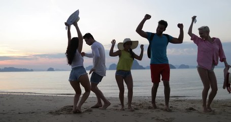 Sticker - People Dancing On Beach At Sunset, Happy Friends Mix Race Group Tourists Sea Vacation Slow Motion 60