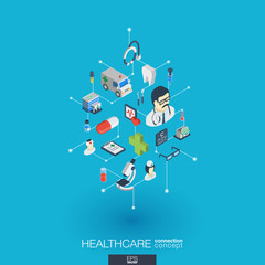 Wall Mural - Healthcare, integrated 3d web icons. Digital network isometric interact concept. Connected graphic design dot and line system. Abstract background for medicine and medical service. Vector Infograph