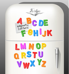 Child's plastic magnetic alphabet letters displayed on vintage refrigerator. Use as font or design elements. Vector illustration. 