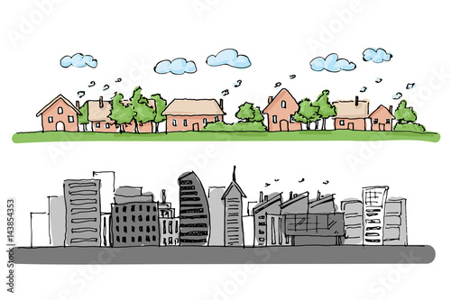 Cartoon Hand Drawing Of Small Town Rural Area Compare With Big