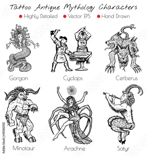 Cuadros en Lienzo Tattoo set with hand drawn antique mythology characters