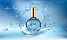Vector Illustration Of A Realistic Style Perfume In A Glass Bottle On A Blue Background With Water Splash. Great Advertising Poster For Promoting A New Fragrance