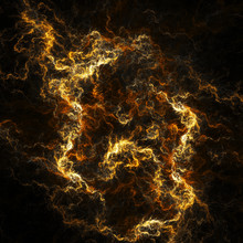 Abstract Fiery Shapes On Black Background. Fantasy Fractal Artwork In Golden Colors. 3D Rendering.