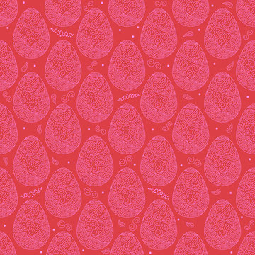 Vector seamless pattern of pink easter ornate eggs with red background