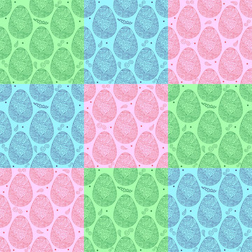 Vector colorful seamless pattern of easter ornate eggs with three-colored background