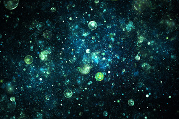 Bright galaxy. Abstract green and blue sparkles on black background. Fantasy fractal texture. Digital art. 3D rendering.