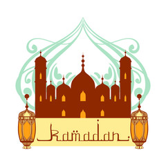 Poster - Ramadan greeting card. Mosque and arabic lamps. Colorful vector illustration isolated on a white background.