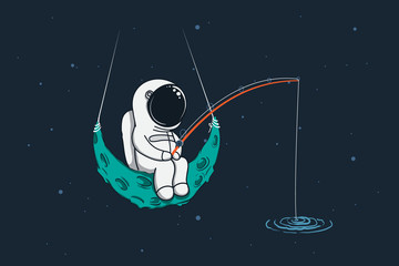 Wall Mural - Spaceman sits on moon with a fishing rod