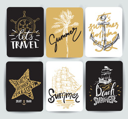 Set of hand drawn stickers of summer. Vector illustrations for summer holiday, travel and vacation, restaurant and bar, menu, sea and sun, beach vacation and party.