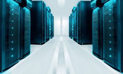 Wall Mural - symmetrical futuristic modern server room in modern data center with bright light