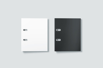 Poster - Blank black and white ring binder folder cover mockup top view, 3d rendering. Self-binder mock up with stack of a4 paper. Office supply cardboard folder branding presentation. Desk lever arch file.