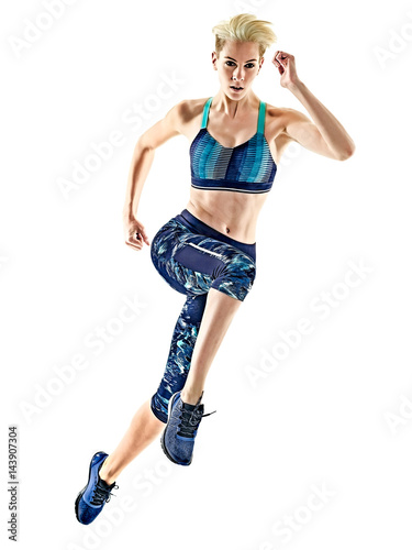 Fototapeta na wymiar one young caucasian woman runner running jogger jogging studio isolated in white background