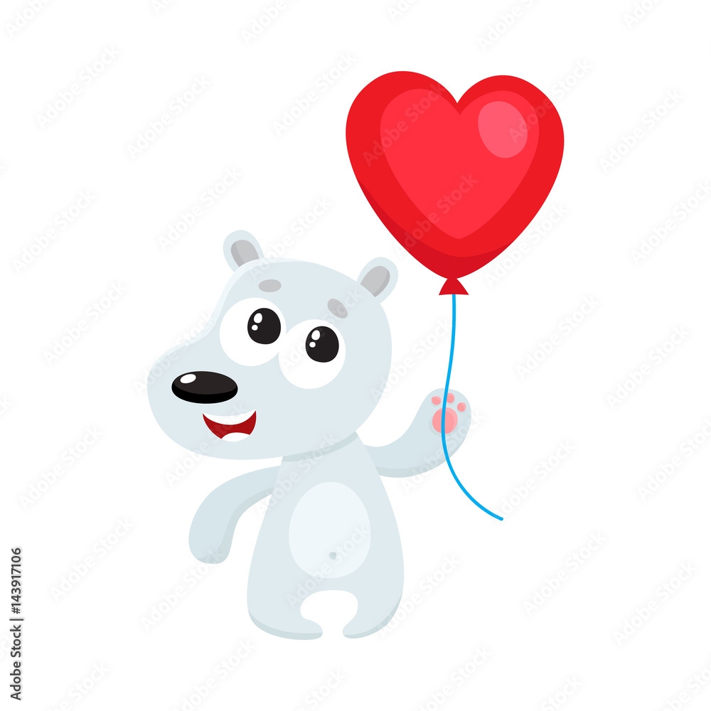 Cute and funny bear holding red heart shaped balloon, cartoon vector ...