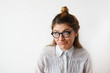 © shurkin_son - Head shot of unhappy office worker female, upset delay salary payment again. Sales manager in formal clothes and glasses looking up with angry facial expression. Negative human facial expression