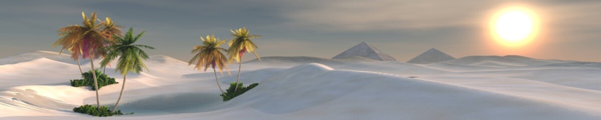 Wall Mural - Beautiful oasis in the sandy desert, beautiful desert landscape, desert panorama, 3d rendering