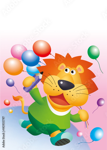 ライオンと風船と鉛筆 ライオンキャラクター Stock イラスト Adobe Stock