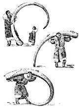 Eskimo With Mammoth Horn, Bones Of Prehistoric Elephant , North Concept Illustration Of Native Alaska Human, Hand Drawn Or Engraved Vintage
