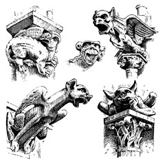 set of Gargoyles Chimera of Notre-Dame de Paris, engraved, hand drawn vector illustration with gothic guardians include architectual elements, vintage statue medieval