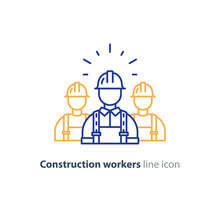 Labor Workforce, Construction Workers Group In Helmet, Three Builders