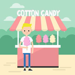 Wall Mural - Walking in the park. Young blond boy eating a cotton candy / editable flat vector illustration