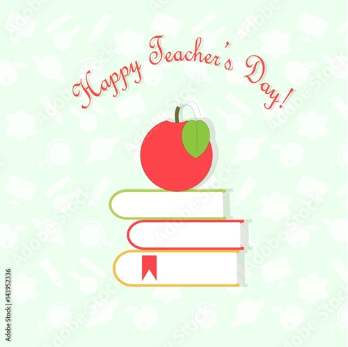 Typography Banner Happy Teachers Day Red Apple On Books On White
