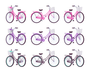 Wall Mural - Set of female bicycles with basket in pink, purple, black colors