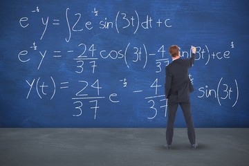 Poster - Composite image of rear view businessman writing with chalk