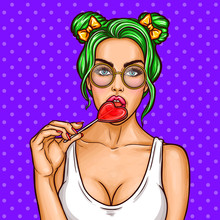 Vector Pop Art Pin Up Illustration Of A Young Sexy Punk Girl Sucks Lollipop Heart
