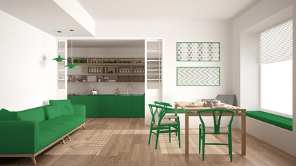 Minimalist kitchen and living room with sofa, table and chairs, white and green modern interior design