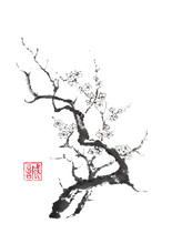 Japanese Style Sumi-e Blooming Plum Tree Ink Painting.