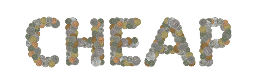 CHEAP – Coins on white background