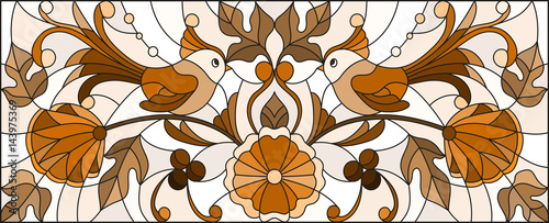 Fototapeta na wymiar Illustration in stained glass style with a pair of abstract birds , flowers and patterns ,brown tone , horizontal image