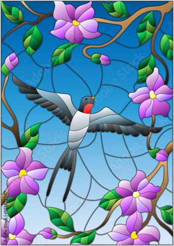 Naklejka na drzwi Illustration in stained glass style with a swallow on background of blue sky and flowering tree branches