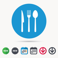 Fototapete - Fork, knife and spoon icons. Cutlery symbol. Calendar, download arrow and new tag signs. Colored flat web icons. Vector