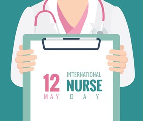 Wall Mural - 12 May. International Nurse Day background. Close-up of a female doctor with lab coat in her office holding a clipboard. Vector flat illustration