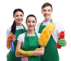 Wall Mural - Service team with cleaning tools on white background