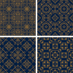 Poster - set of four rich decorated calligraphic outlined stroke seamless patterns in dark and gold gamma.